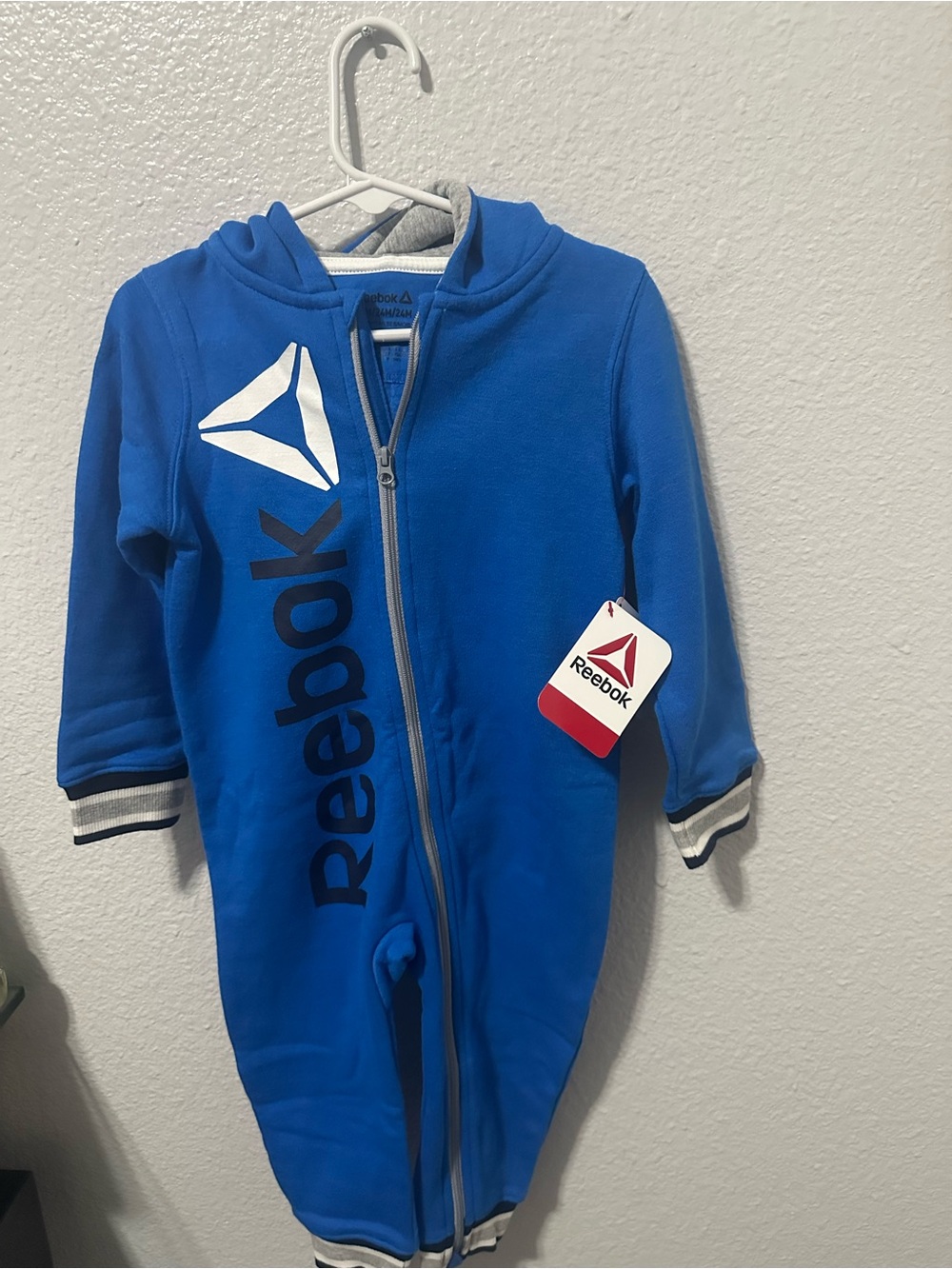 Reebok Royal Blue Hooded Zip Romper with White Logo